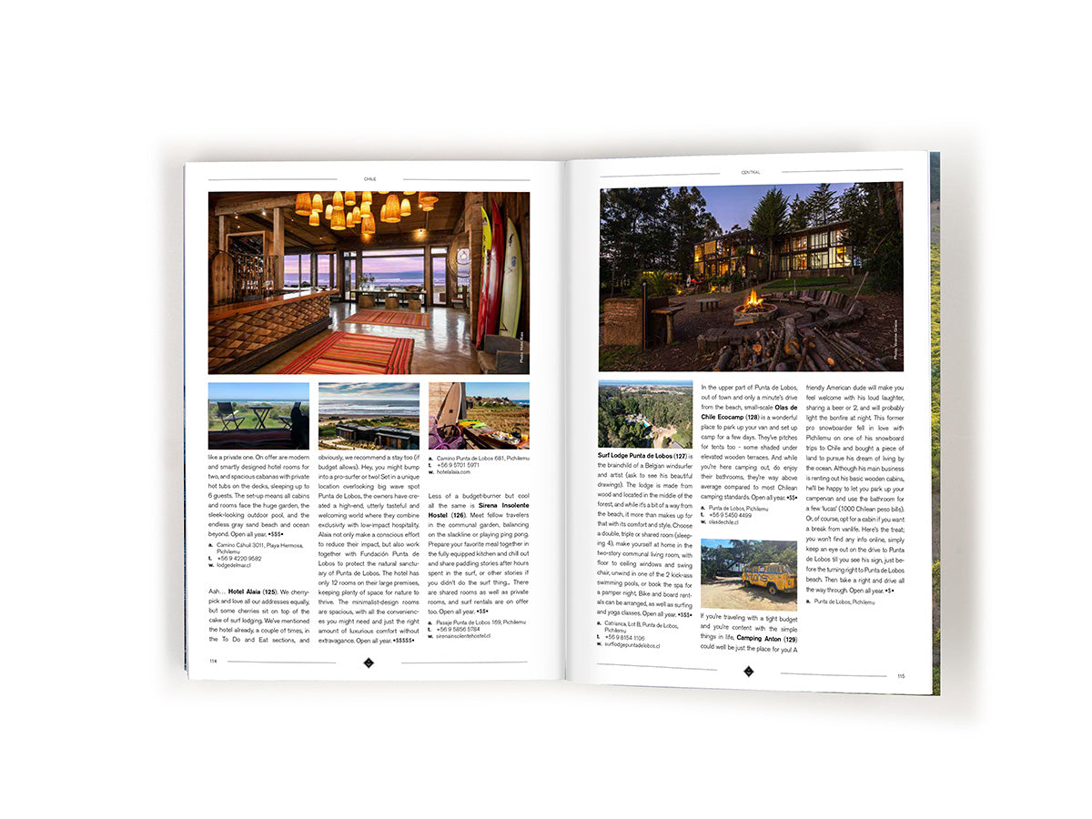 Doppelseite aus dem I Love The Seaside Surf und Travelguide mit Bildern und Infos zu den Reisetipps für Chile